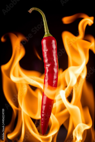 A vivid photograph of a single, glossy red chili pepper suspended above vibrant orange and yellow flames against a black background, creating a striking contrast and intense visual impact.