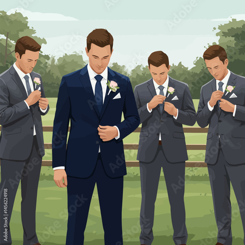 Men in Suits Adjusting Boutonnieres Preparing for a Special Event