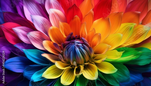 A vibrant, multicolored flower in full bloom displays a stunning spectrum of rainbow petals.