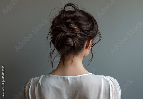 Elegant Back View of a Woman with Stylish Updo Hairstyle in Soft Lighting