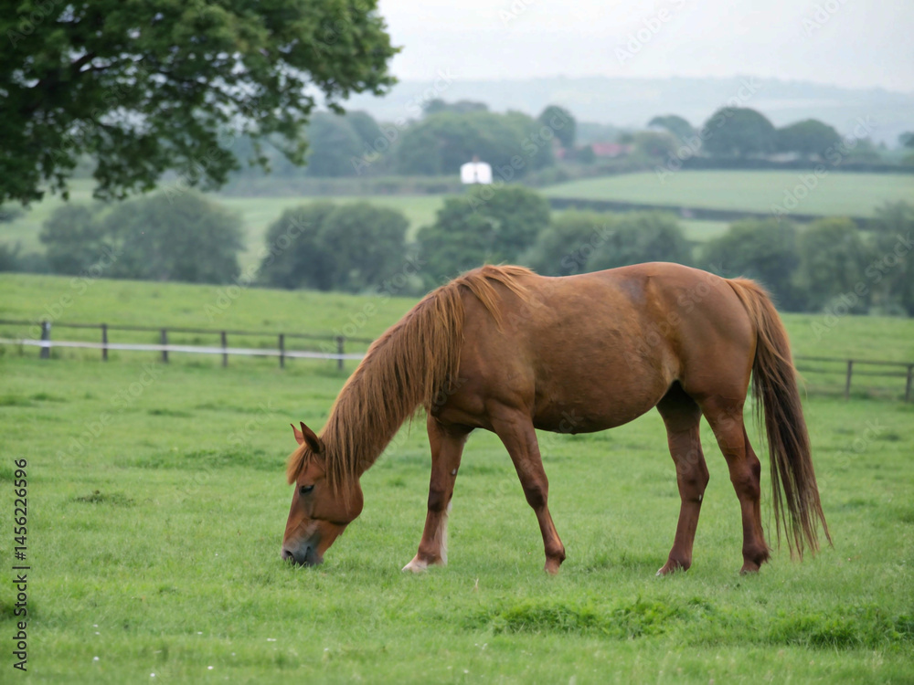 Fototapeta premium Peaceful brown horse grazing in a lush green field under a cloudy sky, in a rural landscape
