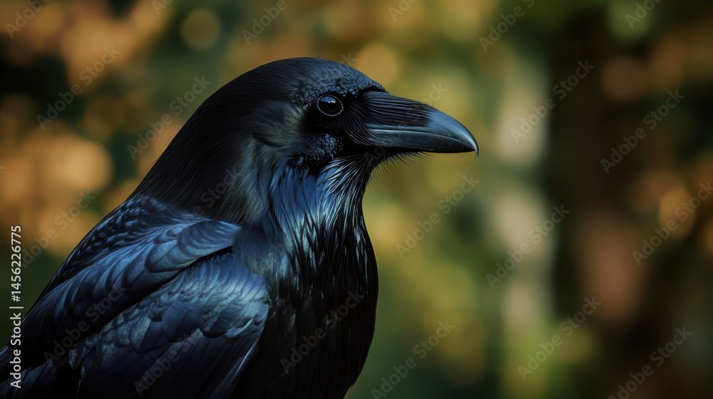Naklejka premium Detailed close-up of a black crow with glossy feathers and a sharp gaze against a blurred forest backdrop.
