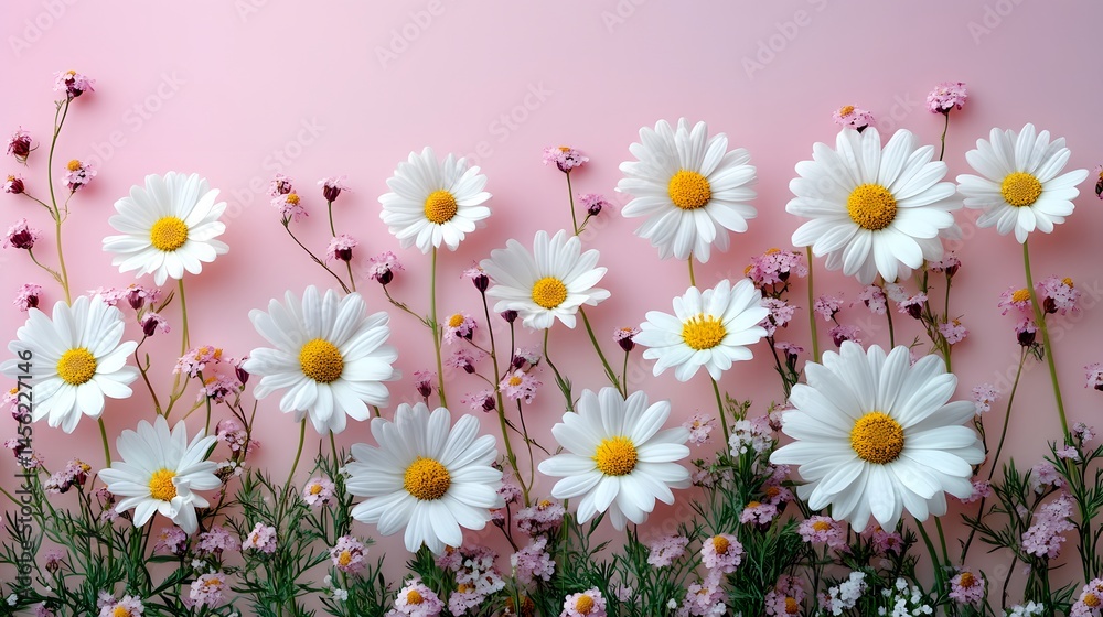 Fototapeta premium Fresh Daisy Blooms with vibrant Pink Flowers on a Soft Pastel Background elegance, positivity, and natural beauty