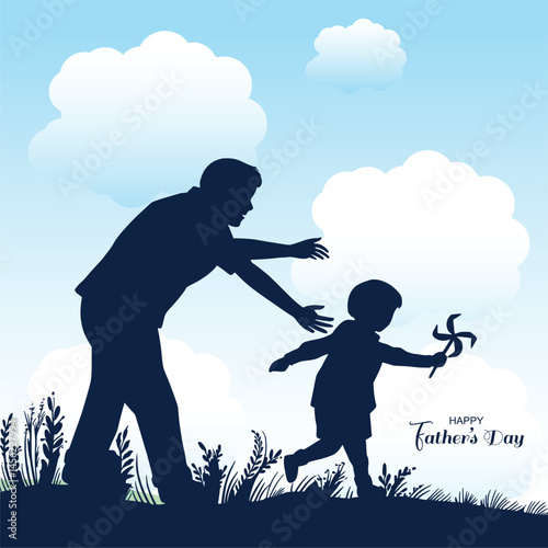 Happy fathers day with dad and children silhouettes on card design