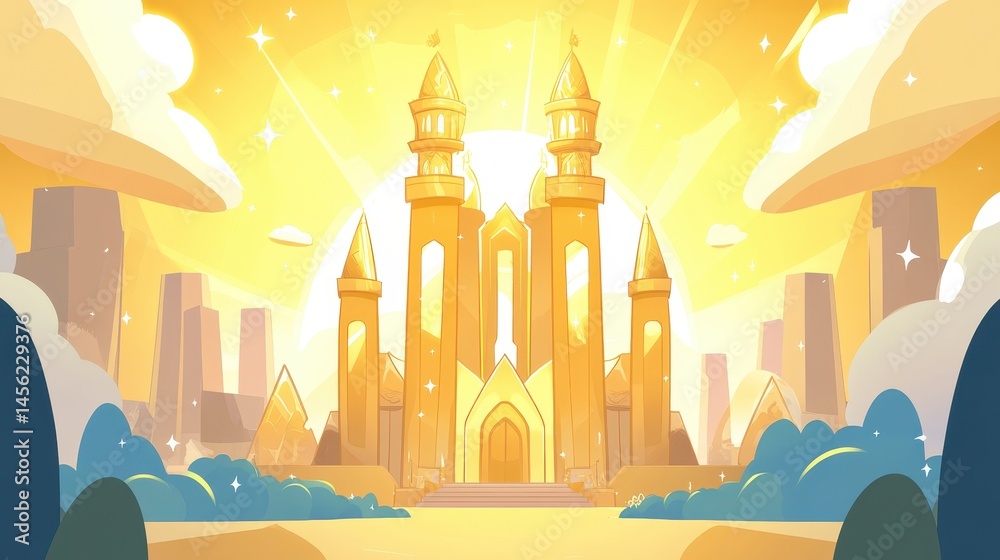 Naklejka premium Golden kingdom illustration majestic architecture fantasy landscape digital art ethereal atmosphere bright city skyline radiant light