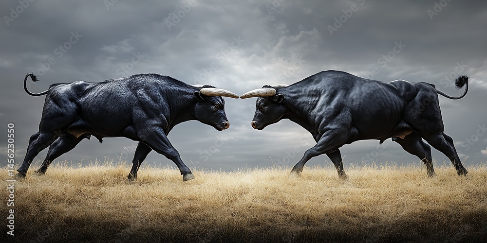 Fototapeta premium Two powerful black bulls facing each other in a field under a stormy sky