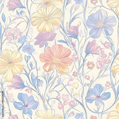 Wallpaper Mural Floral Tapestry of Colors: A captivating floral pattern showcases delicate petals in a soft array of pastel hues, creating a tranquil and visually appealing design. Torontodigital.ca