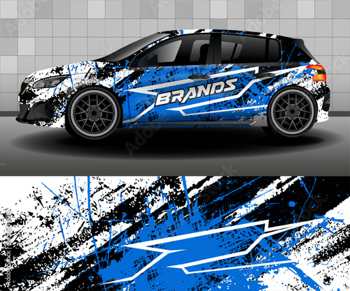 Vector design of car sticker. Set of graphic abstract blue and black stripes for car, rally, racing car.