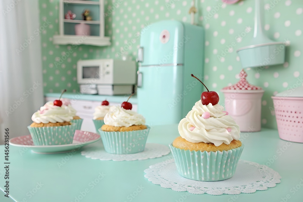 Cupcakes with cherries and frosting in a retro kitchen setting, pastel colors Cupcakes with cherries and frosting in a retro kitchen setting, pastel colors