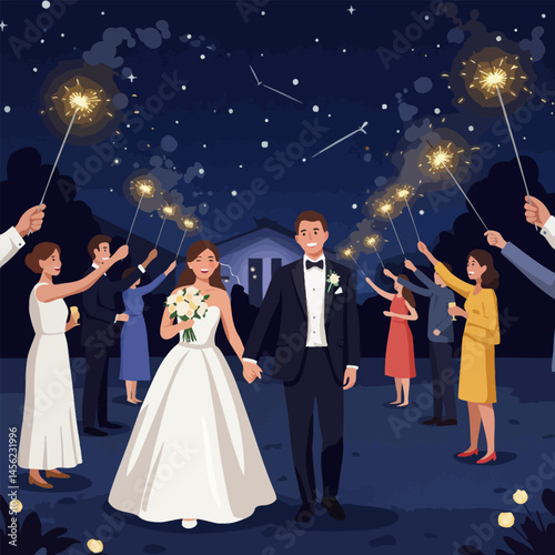 Celebrating Wedding with Sparklers at Night with Friends and Family