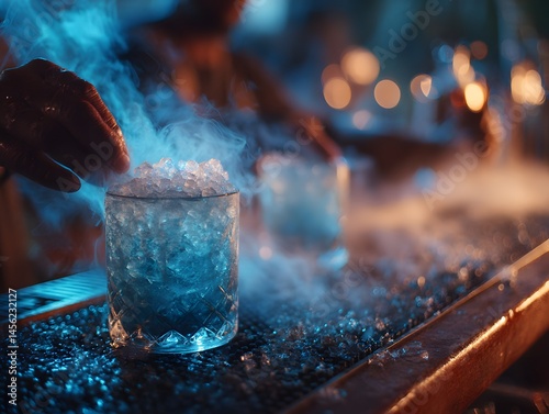Icey Cocktails : A captivating image of expertly crafted cocktails featuring crystal clear ice,  with the smoky mist around. the hands of a bar tender , showcasing the artistry and allure of mixology.