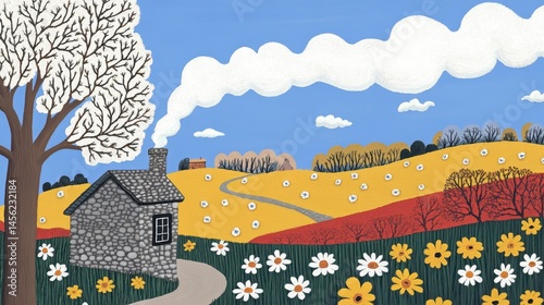 Charming countryside cottage scene with blossoming tree pastoral landscape digital art and blue sky rural tranquility scenic beauty