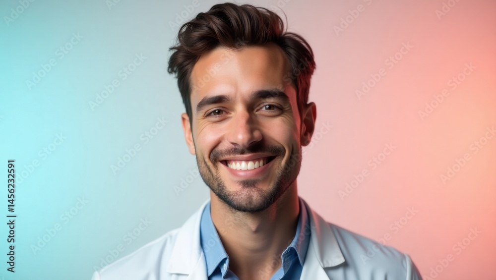 Troponin. Smiling young man with brown hair in white coat against colo Troponin. Smiling young man with brown hair in white coat against colo