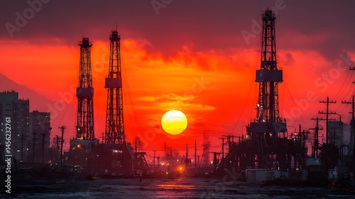 Detailed artistic interpretation of a California oilfield under a glimmering sunset amidst a severe drought transforming Bakersfield into a desolate, industrial urban landscape photo