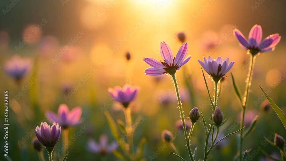 Fototapeta premium Dreamy Cosmos Flowers at Sunset: A Golden Hour Field of Purple Blooms