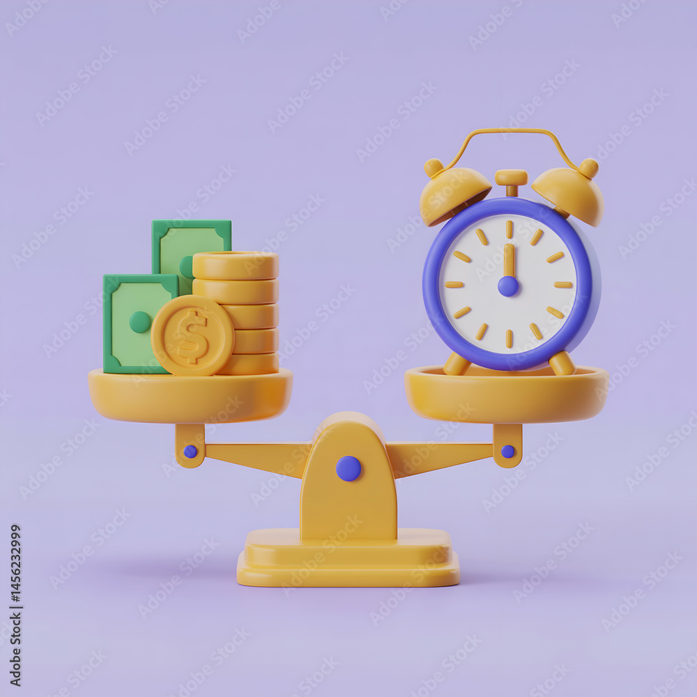 Time is money conceptual 3d rendering with scales money bills clock metaphor for finance management Time is money conceptual 3d rendering with scales money bills clock metaphor for finance management