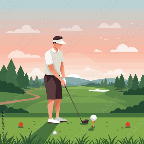 Man Playing Golf Preparing to Swing on Green Course Outdoors