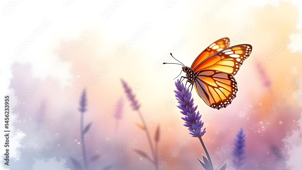 Obraz premium Monarch Butterfly on Lavender Blossom: A Watercolor Illustration of Beauty and Nature