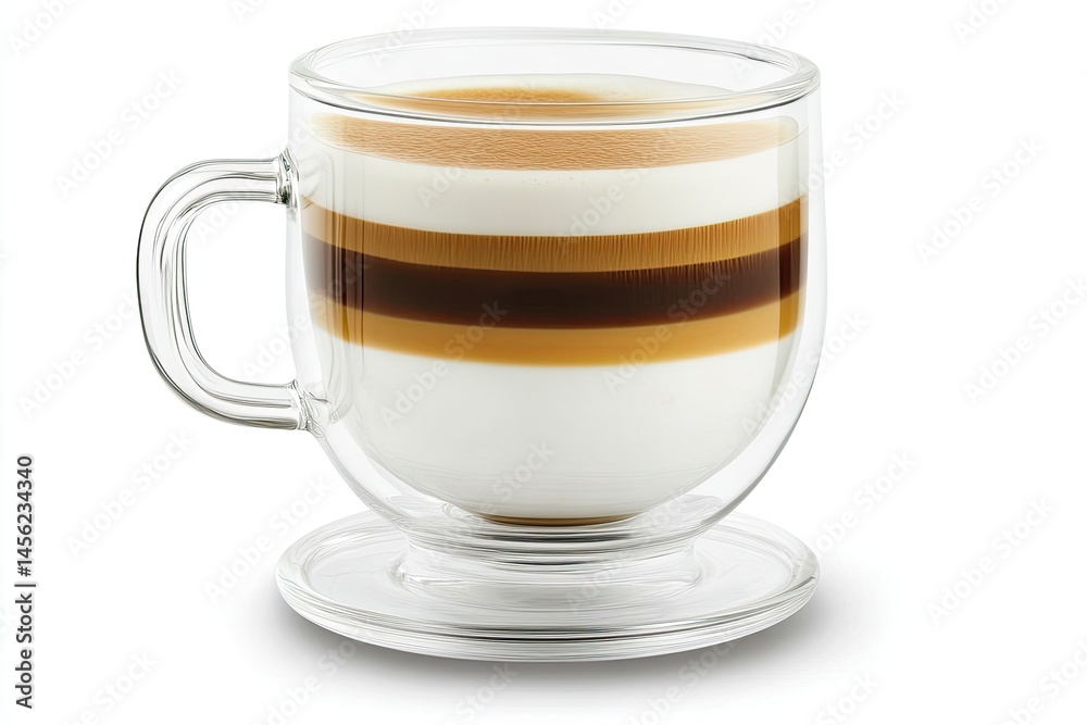Glass mug filled with layered coffee drink Distinct layers of crema, milk, and espresso Clear glass construction Glass mug filled with layered coffee drink Distinct layers of crema, milk, and espresso Clear glass construction