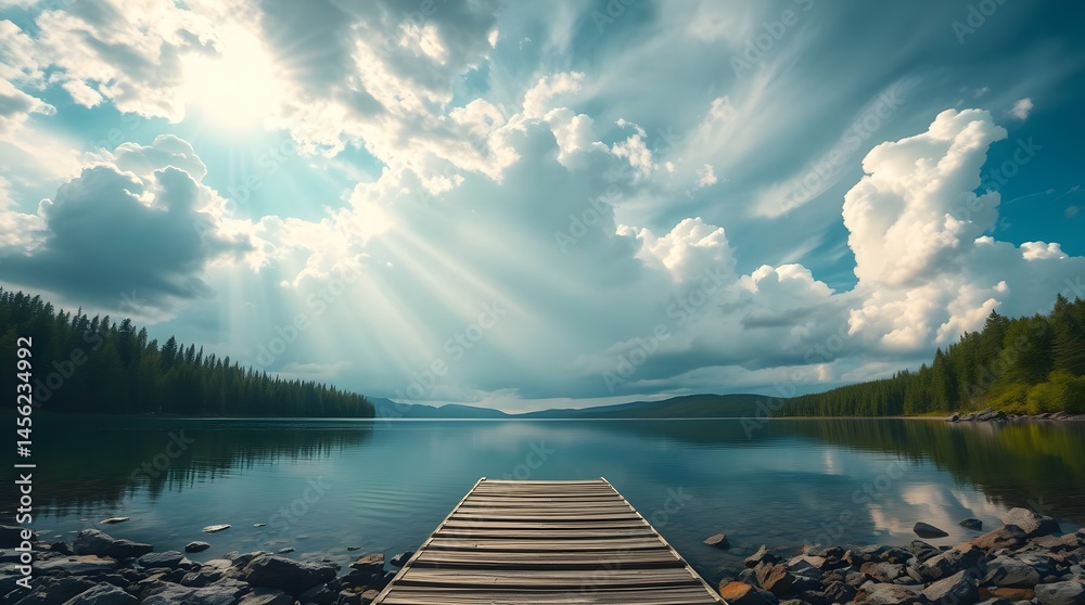 Serene lake view, wooden pier stretching into calm water, mirror-like reflections, vibrant sunset sky, fluffy clouds, lush green shoreline, golden hour lighting, tranquil atmosphere, wide-angle landsc
