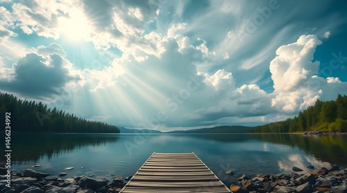 Obraz na płótnie Serene lake view, wooden pier stretching into calm water, mirror-like reflections, vibrant sunset sky, fluffy clouds, lush green shoreline, golden hour lighting, tranquil atmosphere, wide-angle landsc w salonie