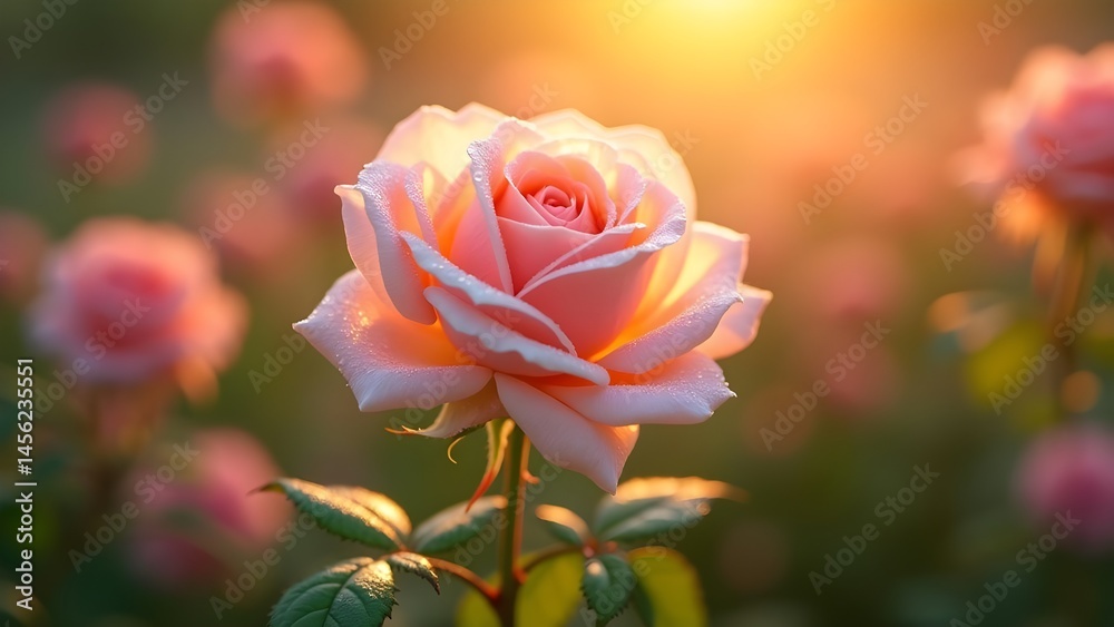 Obraz premium Elegant Pink Rose in Golden Sunlight: A Close-Up of Dew-Kissed Petals in a Lush Garden