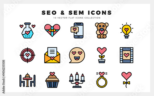 15 SEO And SAM Lineal Color icon pack. vector illustration.