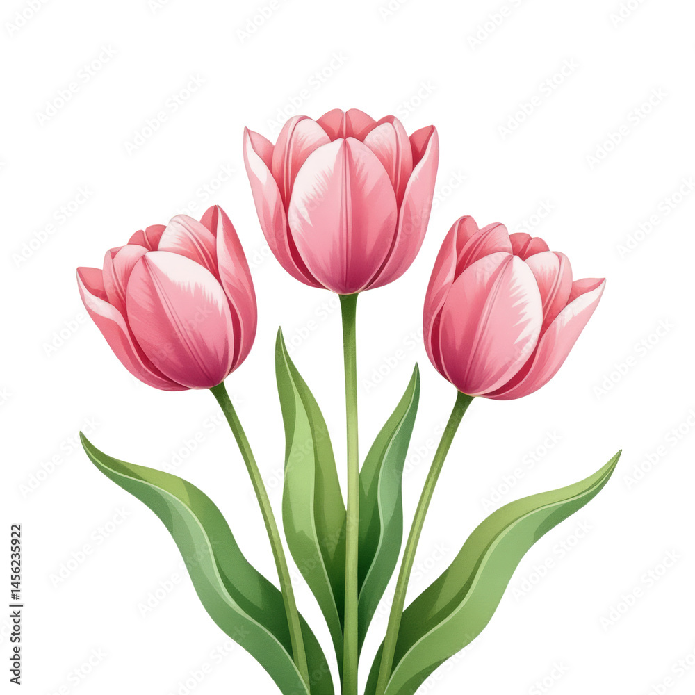 Fototapeta premium Pink Tulips with Green Leaves, Transparent Background