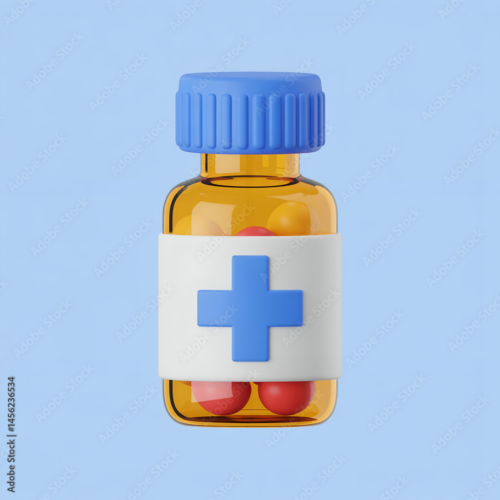Isolated pill bottle with blue cap and cross symbol 3d render on blue background Isolated pill bottle with blue cap and cross symbol 3d render on blue background