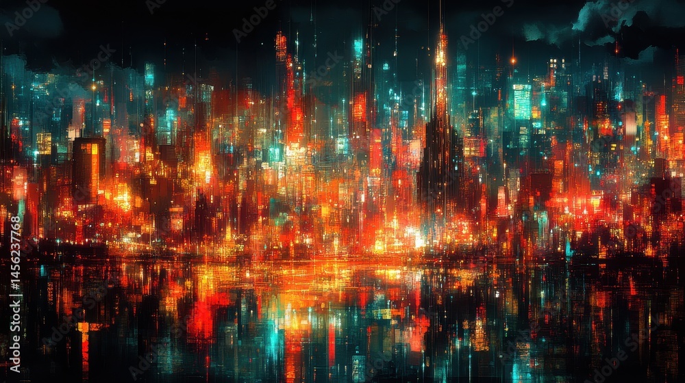 Obraz premium Futuristic Metropolis Nightscape Vivid Urban Illumination Complex Cityscape Visual Spectacular Glowing Abstract Design