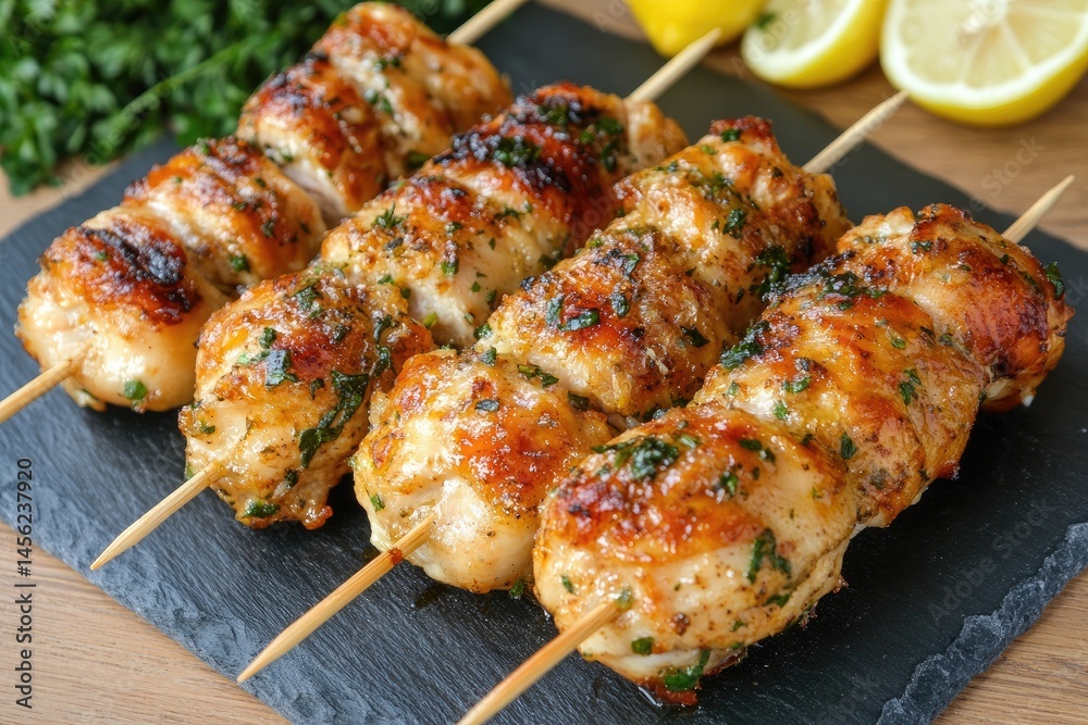 Grilled chicken skewers, golden brown, flavorful, and juicy, with slices of lemon nearby. Fresh herbs add a touch of aroma Grilled chicken skewers, golden brown, flavorful, and juicy, with slices of lemon nearby. Fresh herbs add a touch of aroma