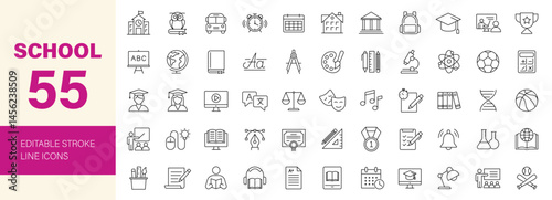School icon set. Containing education, learning, teacher, book, E-learning, graduation, school subjects, classroom, students and more. Editable line icons. Vector illustration.