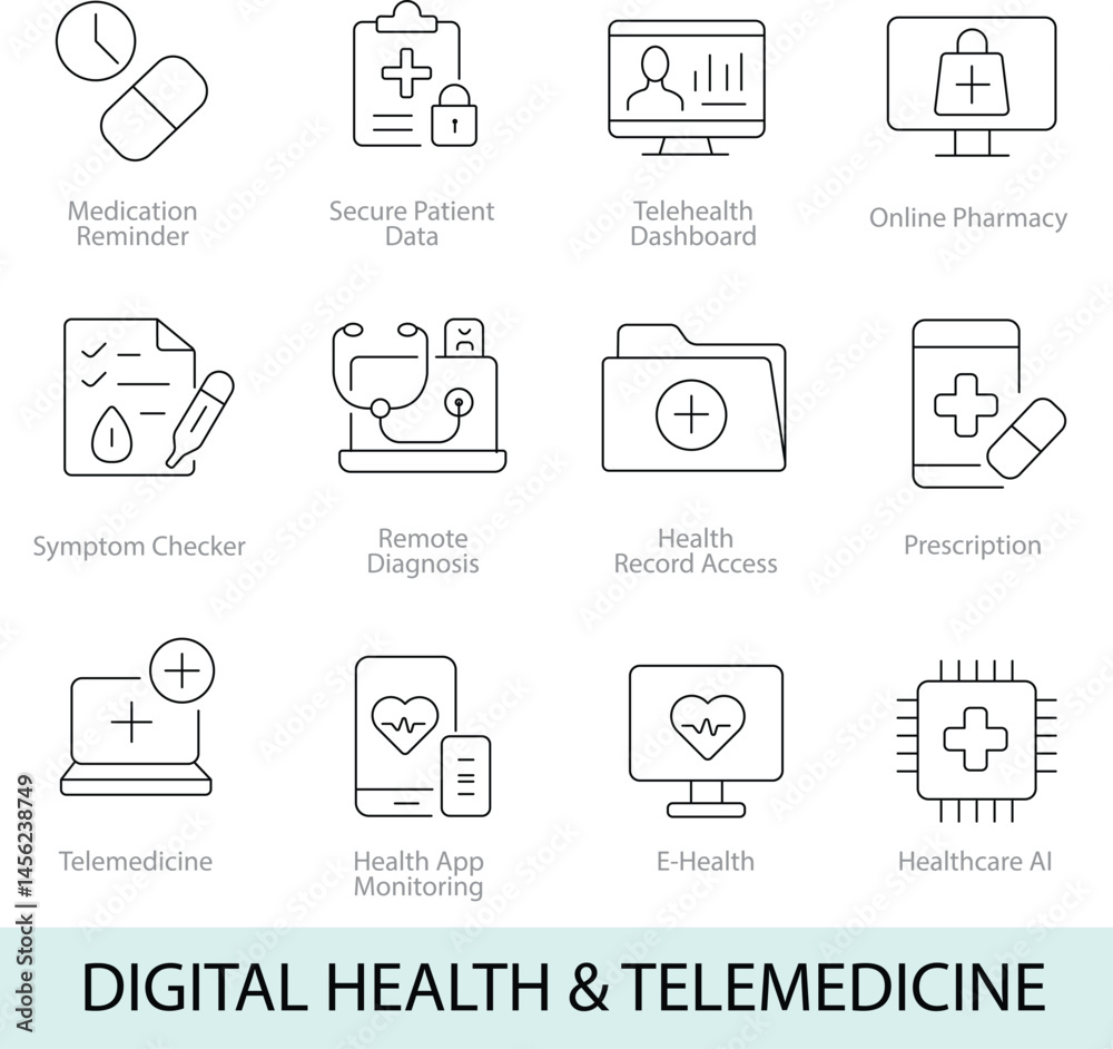 Digital Health & Telemedicine – 12 Editable Line Icons for Telemedicine, Health App Monitoring & Online Medical Services | Vector Set in AI, EPS, SVG | Designed in Adobe Illustrator Digital Health & Telemedicine – 12 Editable Line Icons for Telemedicine, Health App Monitoring & Online Medical Services | Vector Set in AI, EPS, SVG | Designed in Adobe Illustrator