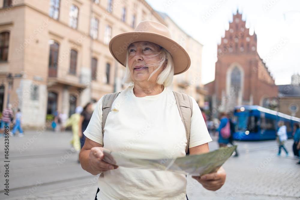 60s senior woman with a backpack is standing in a city square, holding and reading a map while looking around. She is wearing a beige hat, looking thoughtful as she plans her next steps in a new city.