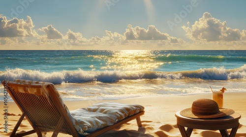 serene sandy beach golden sunlight reflecting gentle waves, cozy lounge chair facing ocean, sun hat