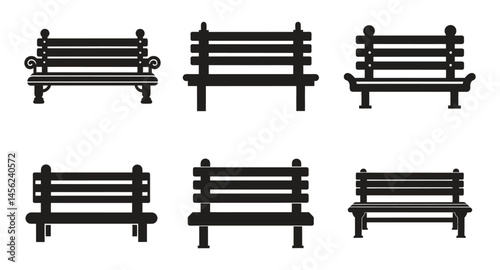 Set of wooden park benches silhouette isolated on white background