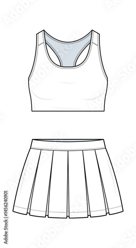 Active Sports Bra and Pleated Tennis Skirt Set Technical Fashion Illustration. Scoop Neck Bra Top and High-Waisted Skirt Vector Template. Front View. Slim Fit. Women’s Activewear. CAD Mockup Set.