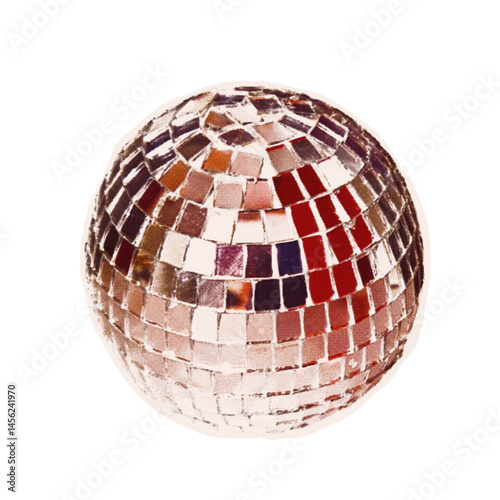 Trendy halftone collage of a mirror disco ball cut out an old newspaper. Isolated vector illustration colorful retro sticker with Bitmap and Dots texture. Vintage aesthetic, 80s - 90s vibe, nostalgic