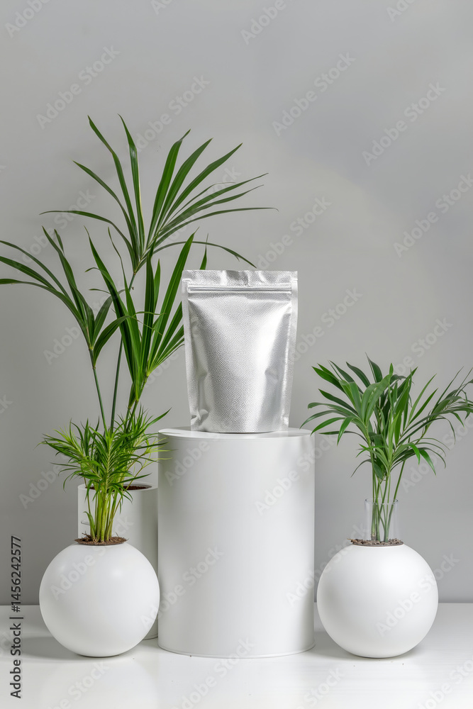 A white vase with a plant in it next to two white vases A white vase with a plant in it next to two white vases