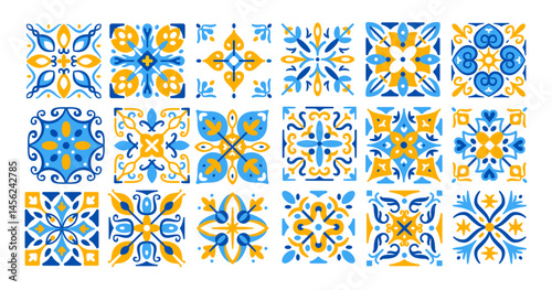 Mediterranean tile pattern. Traditional ceramic tiles ornament. Portuguese courtyards texture. Spanish colorful decorative mosaic. Lisboa interior texture elements. Vector collection