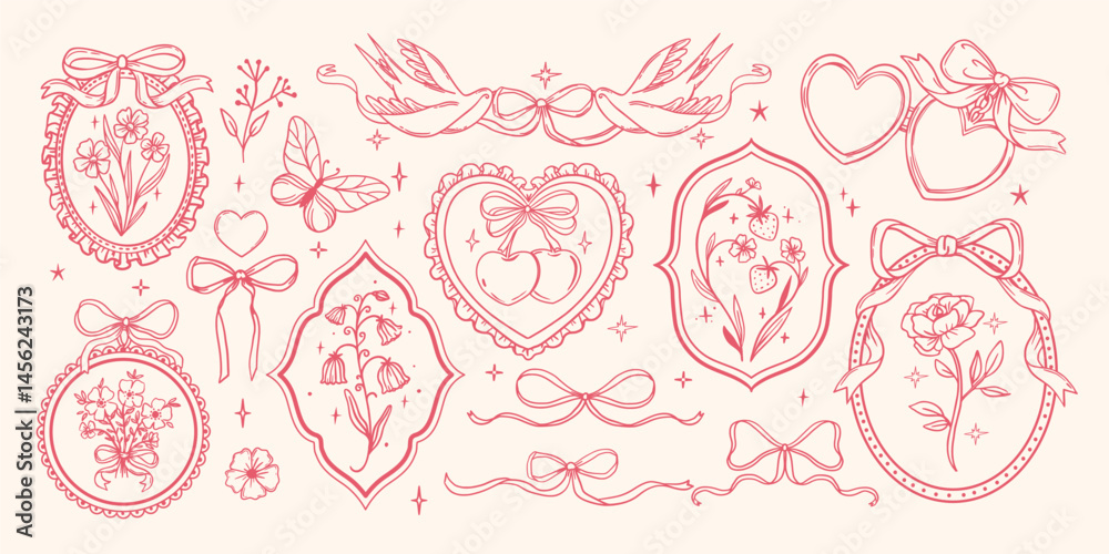 Vintage ribbon frame. Retro floral bows. Hand drawn elegant coquette flower, butterfly, heart, bird, cherry elements. Ornate decor frame for invitation. Vector set