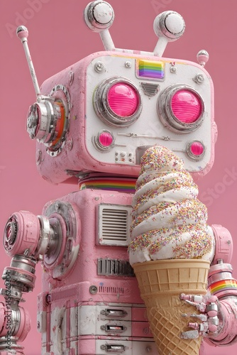 Robot Ice Cream Delight: A whimsical, pastel-colored robot delicately holds a delightful ice cream cone, its digital eyes beaming with joy.