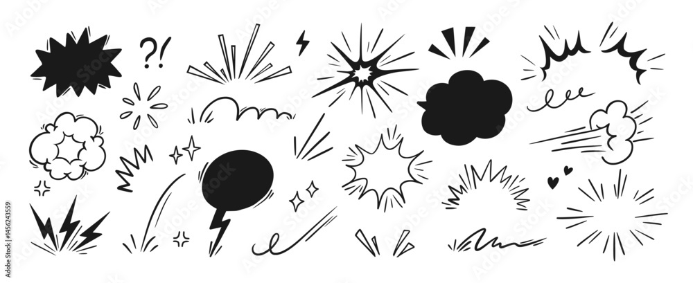 Fototapeta premium Comic explosion. Doodle boom bomb effects. Hand drawn line action lines, dynamic shape, burst, speech bubble, cloud puff, zap effect. Outline comic book sticker. Vector set