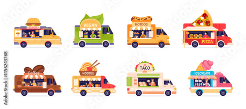 Food truck. Mobile kitchen on wheels. Street food car. Vehicles serving meals, dining vendo. Taco, ice cream trucks, drink wagon, burger van. Urban and festival cuisine. Vector set