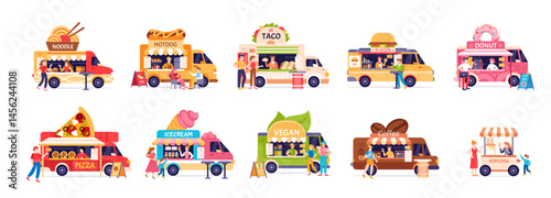 Street food trucks. Summer food festival. Street trucks, mobile cafe, carts, van cars with kiosk vendors, merchants and customers buy, eat fast food at outdoor markets. Vector set