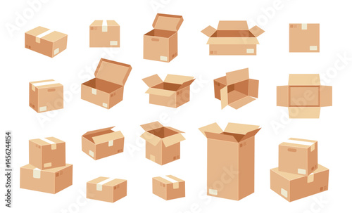 Cardboard boxes. Cartoon packaging box. Various brown corrugated stacked, labeled, open and close boxes for packing, logistics, delivery, moving. Kraft paper supplies. Vector set