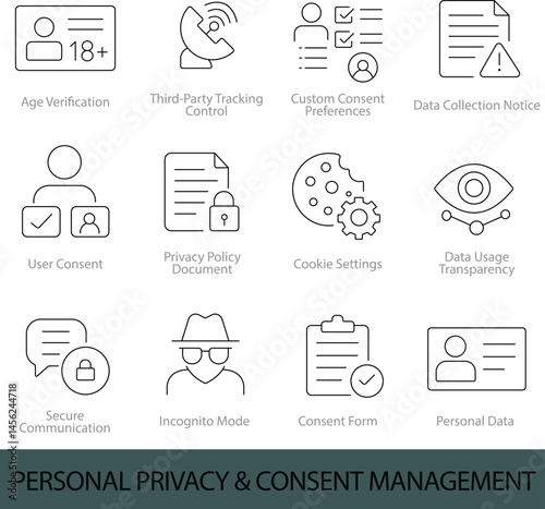 Personal Privacy & Consent Management Icons – 12 Editable Line Icons for User Consent, Data Privacy, and GDPR Compliance | Vector Set in AI, EPS, SVG | Designed in Adobe Illustrator