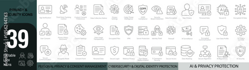 Privacy & Security Icons – 12 Editable Line Icons for Personal Data Protection, AI Privacy, and Cybersecurity | Vector Set in AI, EPS, SVG | Designed in Adobe Illustrator