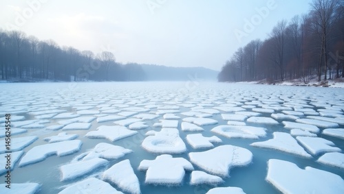 Serene Winter Landscape Broken Ice Floes on a Frozen Lake with Wooded Shoreline