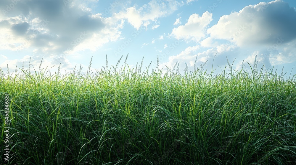 Obraz premium Lush green grass sways gently under a vast blue sky with fluffy clouds